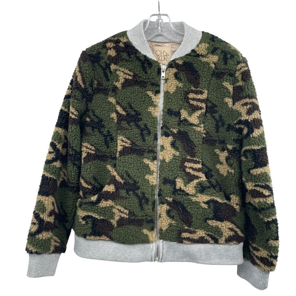 CHASOR Womens Camo Print Sherpa Coat Full Zip Size Medium Pockets
